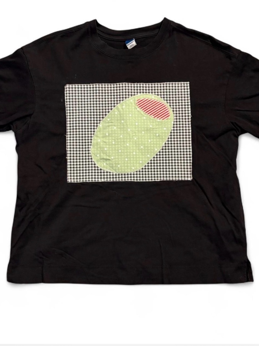 Handmade gingham olive upcycled tee shirt